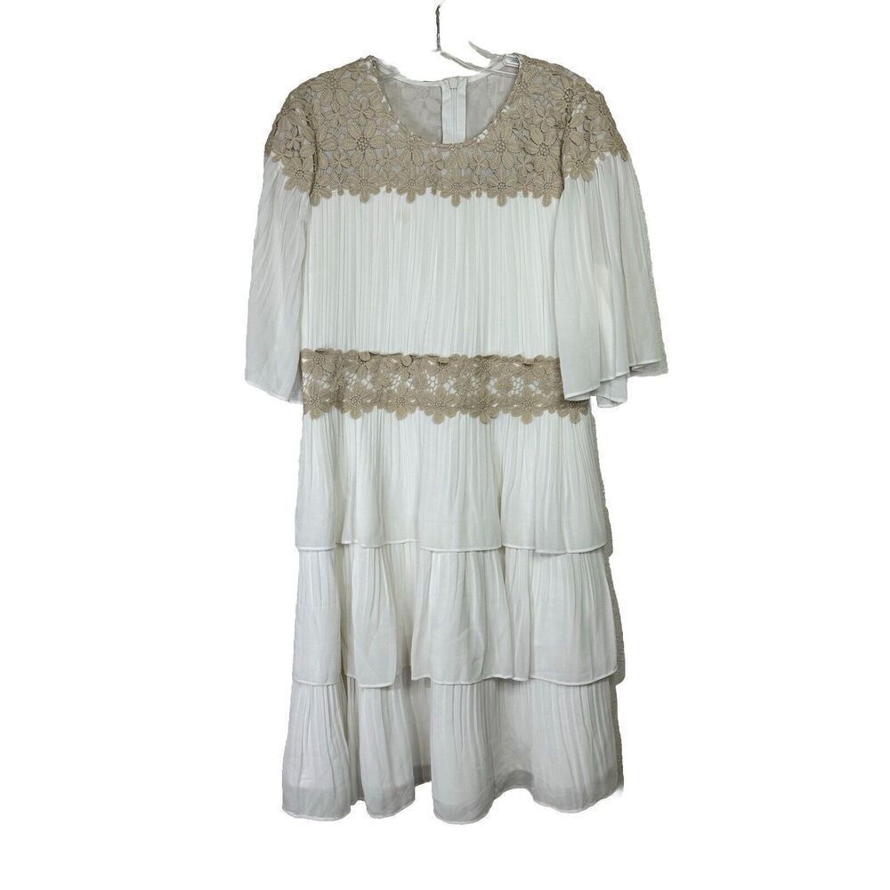 Lulus Westwind Beige Lace Pleated Dress Women Sz XL Wedding White Bell Sleeves - Picture 3 of 13